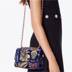 Tory Burch cosmic velvet brocade Floral Blue and Gold Women's Bag